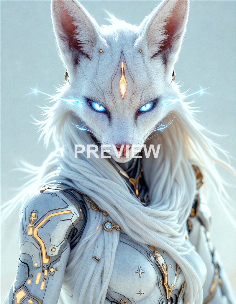 A highly detailed, futuristic depiction of a white fox with glowing blue eyes and metallic, cybernetic armor, featuring intricate gold accents and a central glowing gemstone on its forehead.